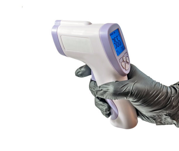 温度表枪等距医疗数字非接触红外视线手持式额头读数。温度测量装置隔离在白色背景上图片下载