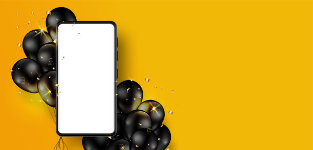 手机与屏幕白色空白，黑色闪亮的气球束，金色的五彩纸屑孤立在黄色背景。水平设计，为你的信息留出空间。矢量插图。图片下载