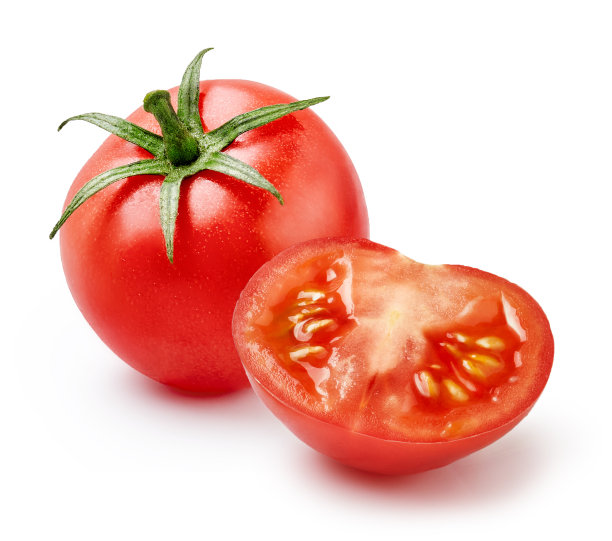 一个红番茄，其中一半的番茄孤立在白色背景上图片下载