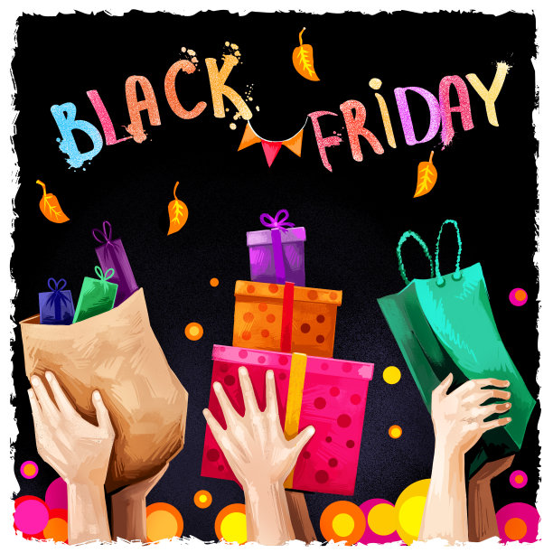 黑色星期五促销数字艺术插图。11月25日一年一度的购物传统。著名的节日购物日商业横幅。广告海报为网页，印刷，设计。手绘图形剪贴画图片下载