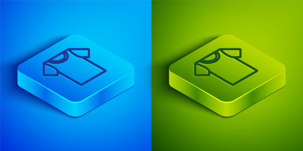 等距线t恤图标孤立在蓝色和绿色的背景。方形按钮。矢量图图片下载