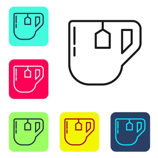 黑色线条茶杯与茶袋图标孤立在白色背景。设置图标的颜色方形按钮。矢量图图片下载