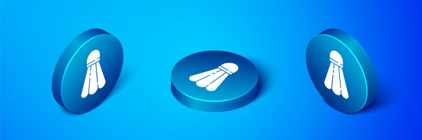 等距羽毛球图标孤立在蓝色背景。运动设备。蓝色圆按钮。矢量图图片下载