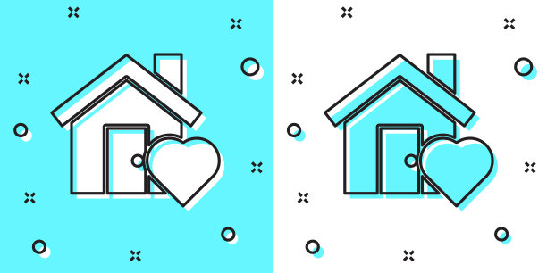 黑色线条的房子，心形图标孤立在绿色和白色的背景上。爱家庭的象征。家庭，房地产和房地产。随机动态形状。矢量图图片下载