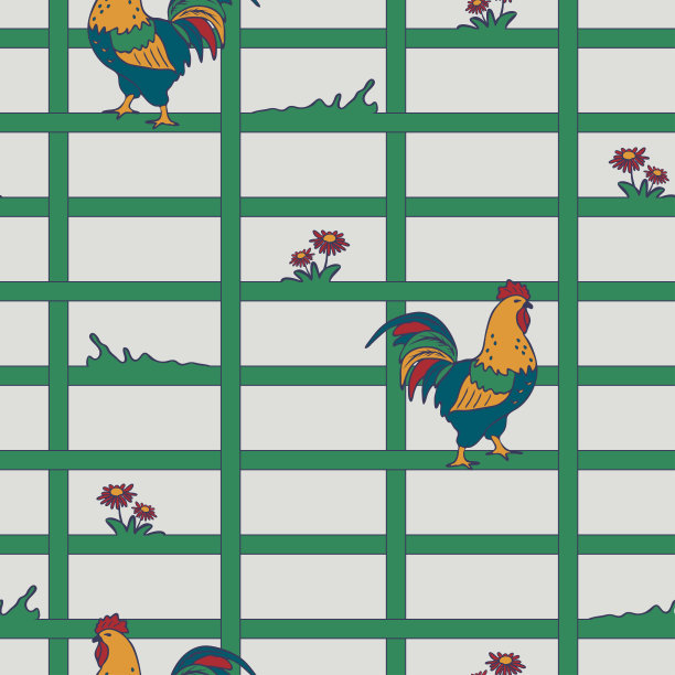 无缝矢量模式与公鸡和方块在浅蓝色的背景。漂亮的农家壁纸设计与公鸡鸟。重复厨房时尚面料。图片下载