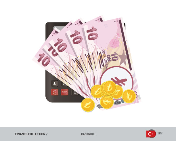 金钱和财务。计算器10土耳其里拉纸币和金币。平面风格矢量插图。图片下载