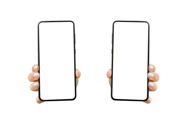 女人的手在垂直位置显示白色屏幕的手机。模拟移动。在白色背景上隔离图片下载