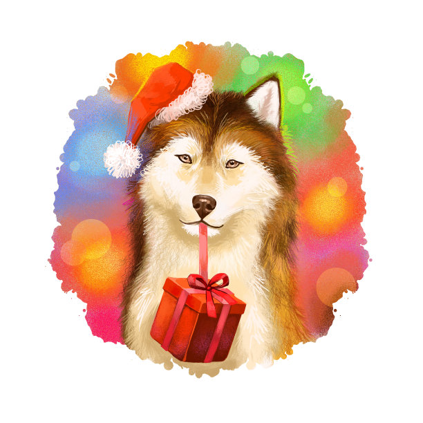 可爱的狗在红色的圣诞老人的帽子，嘴里拿着礼物盒。圣诞快乐和新年快乐贺卡设计。年的狗。图形剪辑艺术设计的网页，打印，数字艺术插图图片下载