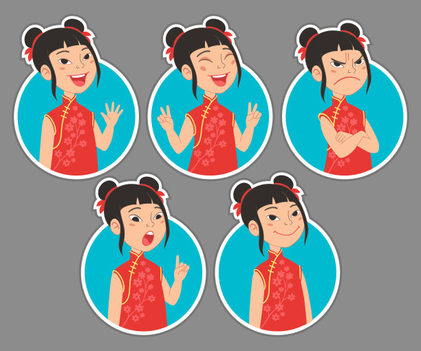 可爱的亚洲女孩卡通人物穿着中国传统节日旗袍。图片下载