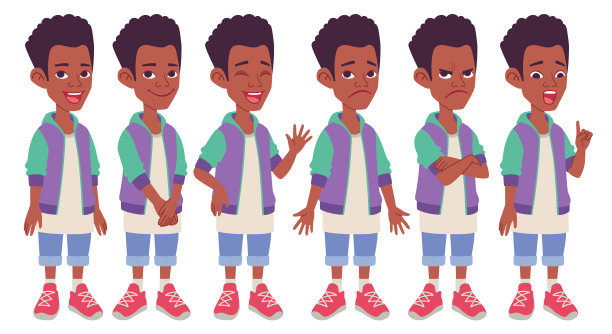 卡通人物设计。黑人非裔美国男孩模型表。图片下载