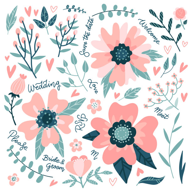 花是粉红色的玫瑰，叶子是绿色的。束花束。套装饰花卉设计元素。平面卡通矢量插图。收集花枝。结婚的概念。植物的海报,邀请。图片下载