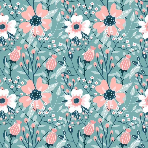 优雅的无缝图案与粉红色的狗玫瑰花，花蕾和枝。，平面手绘矢量装饰插图。图片下载