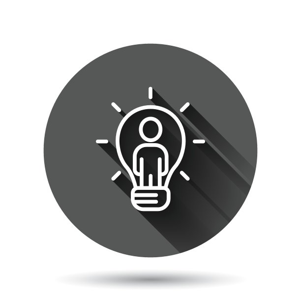 有灯泡图标的人在平的风格。想法向量集合插图上的黑色圆形背景与长阴影效果。脑脑圆纽扣经营理念。图片下载
