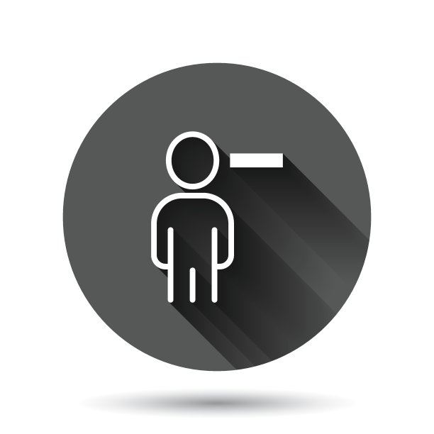 在平面风格中有负号图标的人。职员向量集合插图上的黑色圆形背景与长阴影效果。人圈纽扣的经营理念。图片下载