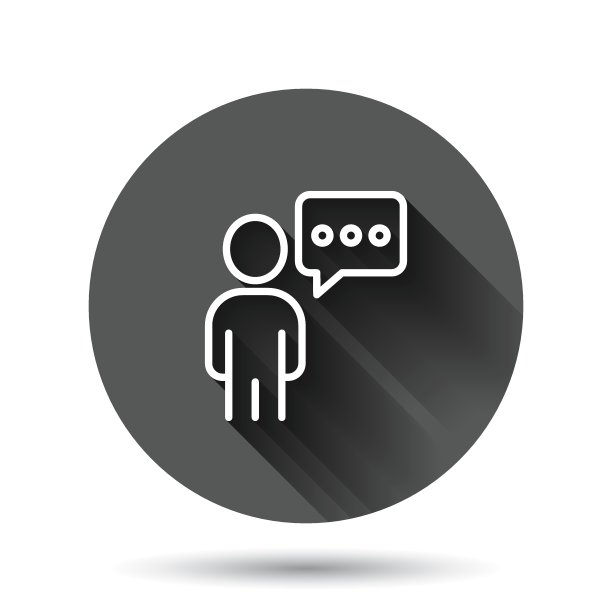 人与语音气泡图标在平面风格。聊天矢量插图上的黑色圆形背景与长阴影效果。说话人对话圈按钮经营理念。图片下载