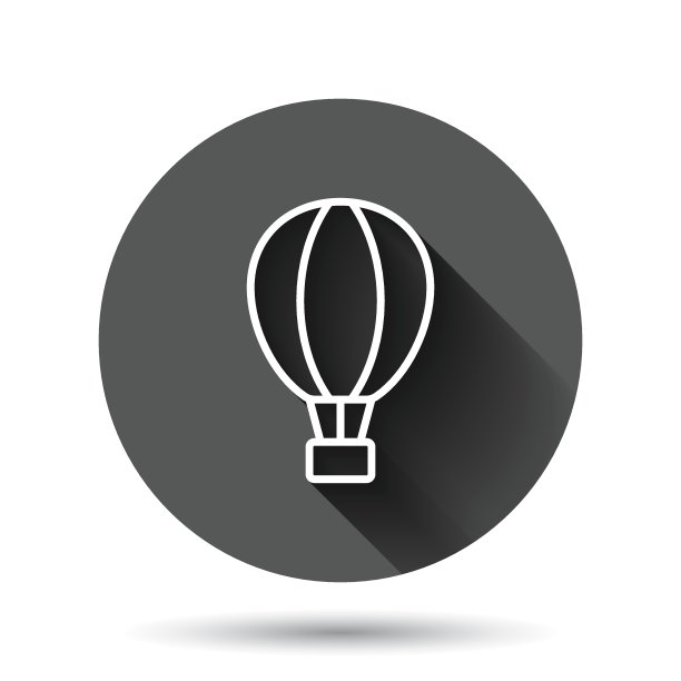 气球图标在平坦的风格。浮空器矢量插图上的黑色圆形背景与长阴影效果。钮扣飞行运输圈经营理念。素材图片