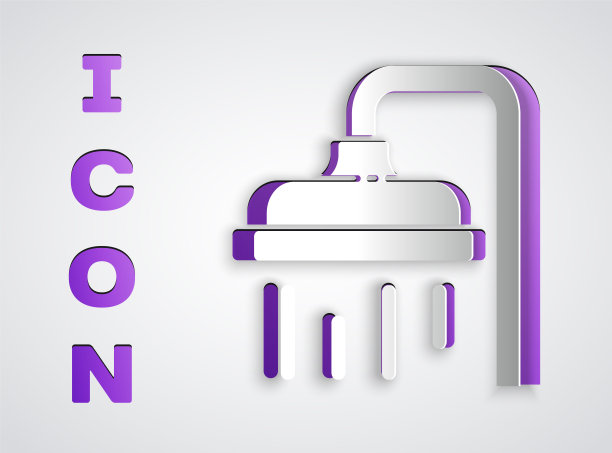 剪纸淋浴头与水滴流动图标孤立在灰色背景。纸艺术风格。矢量图图片下载