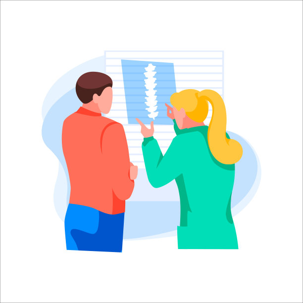 女医生给病人展示x光照片。男性角色在医院接待处。医务工作者用x光透视脊柱图片下载