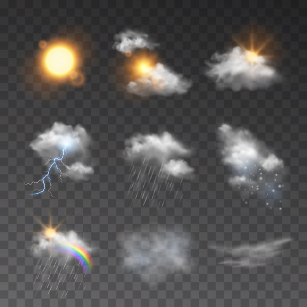 向量集的现实风格的天气预报图标在黑暗的背景图片下载