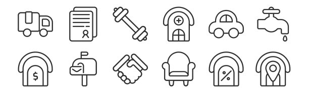 一套12瘦轮廓图标，如房子，沙发，邮箱，汽车，健身房，网络合同，移动图片下载