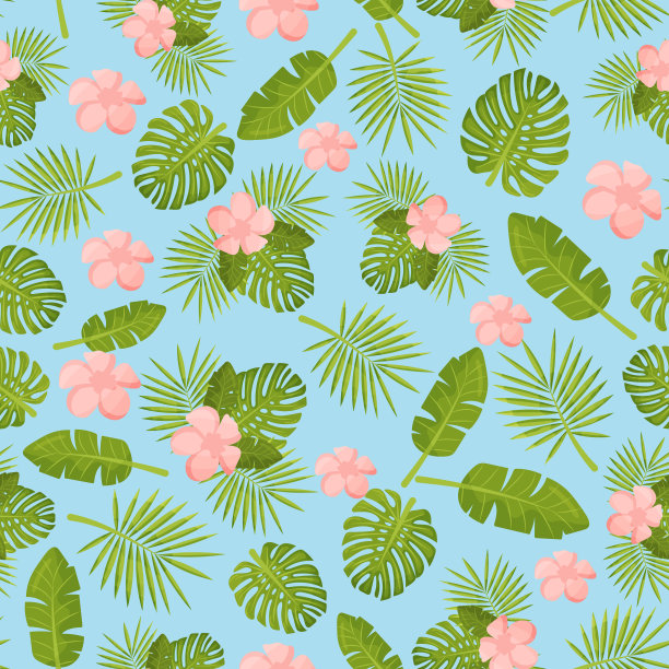 令人愉悦的无缝图案墙纸，热带绿叶，棕榈树和鲜花。热带的叶子。棕榈和蓬莱蕉。矢量图图片下载