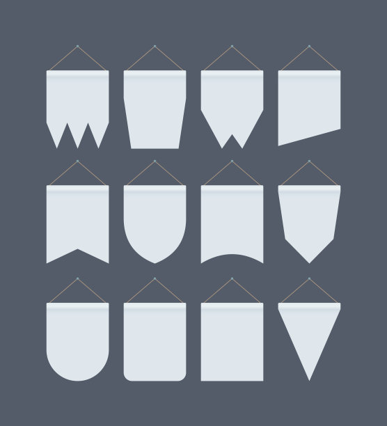 旗帜旗帜模型设置。时尚的空复选框，各种几何形状模板，空间广告牌，纹理织物业务展示。信息向量图片下载