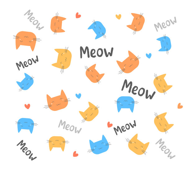 矢量图案与插图不同的颜色卡通猫头。可爱的快乐的小猫在白色的背景与心和文字。图片下载