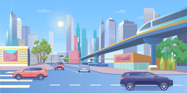 地铁城市列车矢量插图，卡通3d城市全景与现代摩天大楼，公共地铁列车在铁路桥图片下载