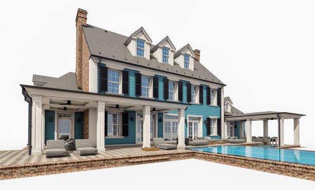 殖民风格的现代古典住宅的3d渲染，孤立在白色上图片下载