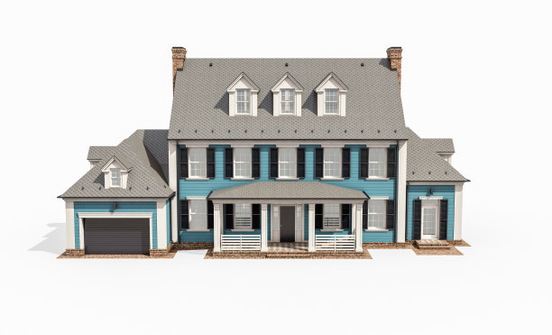 殖民风格的现代古典住宅的3d渲染，孤立在白色上图片下载