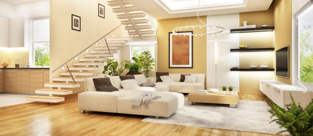 现代漂亮的厨房和客厅图片下载