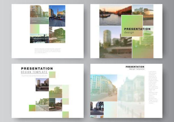 矢量布局的演示幻灯片设计业务模板，多用途的演示宣传册模板，宣传册封面。抽象项目与剪贴蒙版绿色方块为您的照片。图片下载