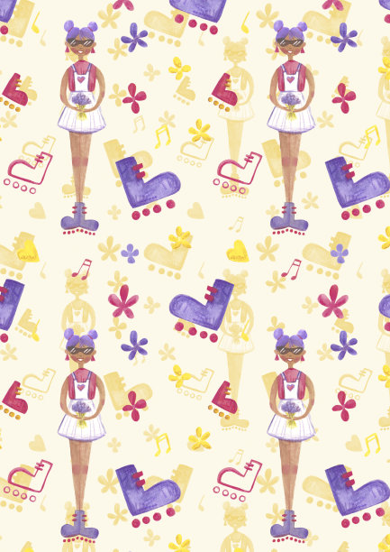 水彩无缝背景少女，轮滑和可爱的花图片下载