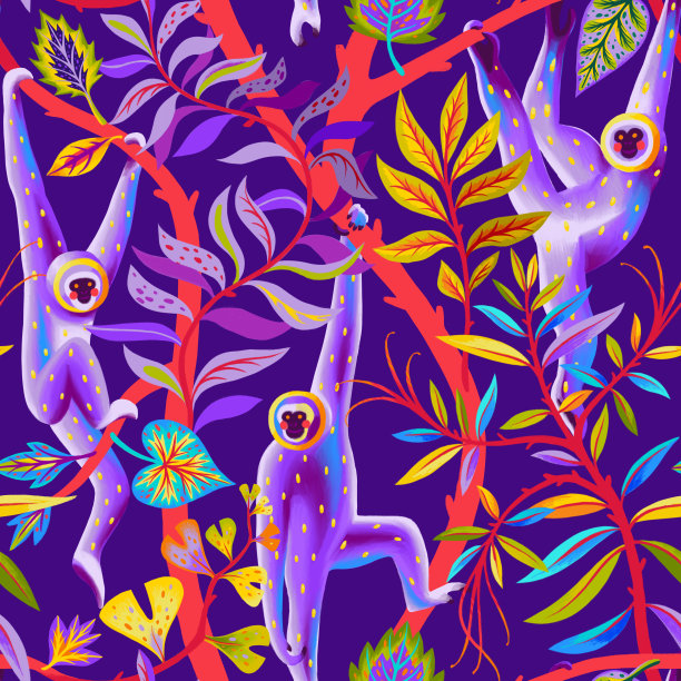 明亮的热带无缝图案与动物。猴子挂在树上，异国情调的装饰背景。丛林中的野生动物。动物织物设计。图片下载