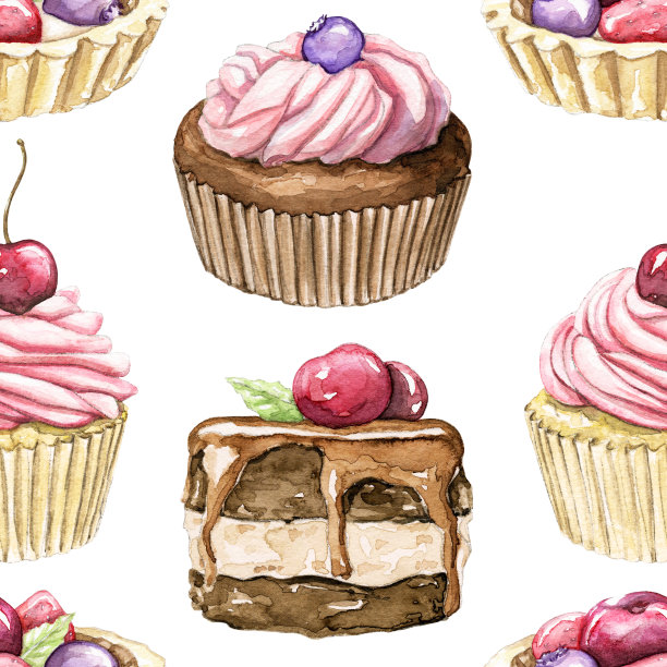 水彩无缝图案配各种糕点图片下载