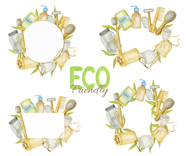 零浪费浴室配件架套。天然剑麻刷，木梳子，固体肥皂，洗发棒，安全剃须刀，可重复使用的棉垫在玻璃容器。环保卫生的概念图片下载