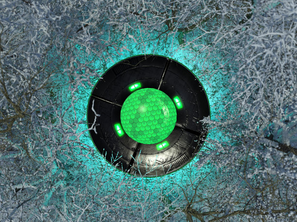 不明飞行物在雪地里的冬天森林里。俯视图上有不明飞行物。飞碟着陆。鸟瞰图。三维渲染图片下载