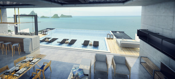 带游泳池的现代住宅，海景图片下载