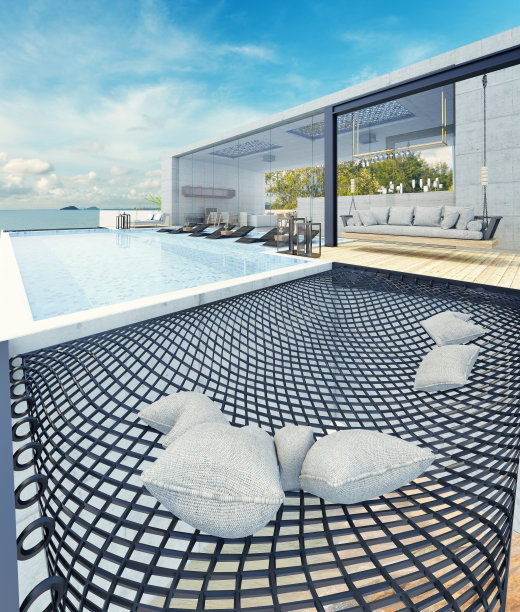 带游泳池的现代住宅，海景图片下载