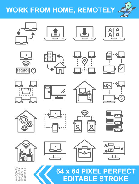 通过计算机、智能手机和笔记本电脑等IT设备在家远程工作。可编辑的中风。64 x 64像素完美。矢量插画细线图标。图片下载