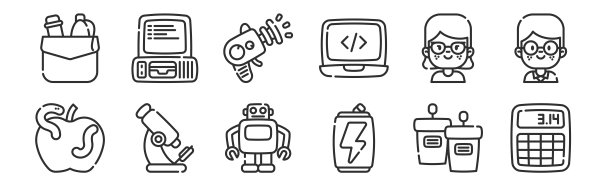 一套12瘦轮廓图标，如计算器，能量饮料，显微镜，呆子，激光枪，旧电脑的网页，移动图片下载
