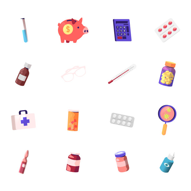 采购产品一套图标医疗成本，玻璃烧瓶，存钱罐和计算器与药片水泡，瓶子与药物，温度计和眼镜，仪器盒，细菌和眼睛溶液。卡通矢量图图片下载