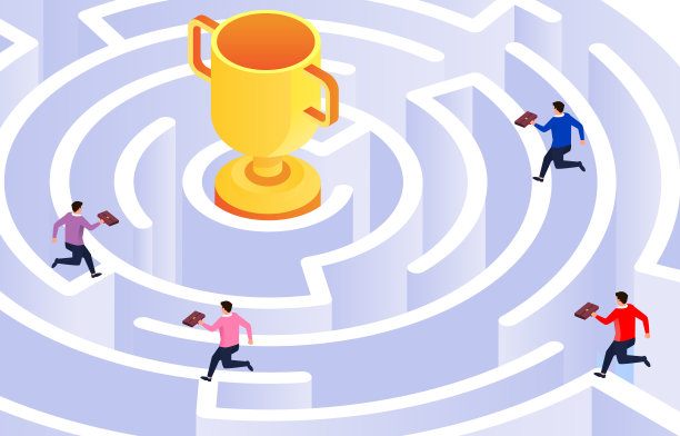 一群商人在迷宫上方奔跑，试图找到赢得奖杯的方法图片下载