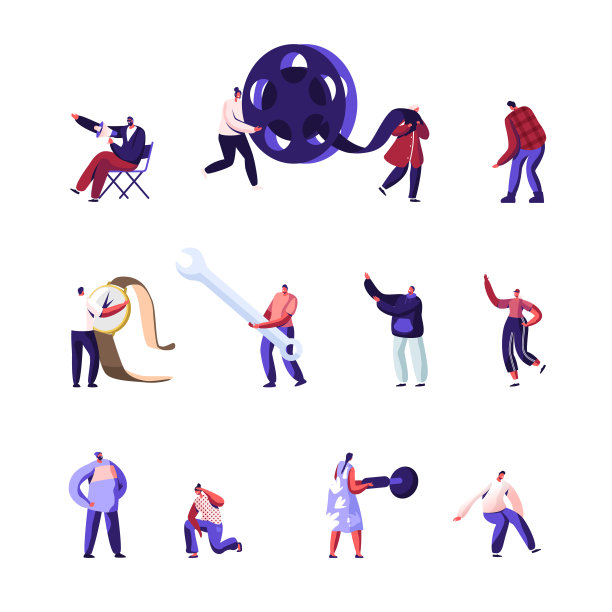 一套男性和女性角色制作电影电影与巨大卷轴电影，导演与扩音器。戴着大手表的小人，披萨用扳手和刀。卡通矢量图图片下载