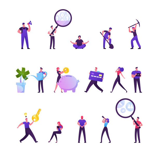 一套男性和女性角色的工作袍与采矿工具和二进制代码，人们种植金钱植物，使用银行卡和记住丢失的密码。卡通矢量图图片下载