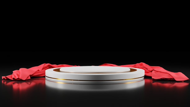 圆形讲台上有金色的戒指和红布。3 d渲染图像。图片下载