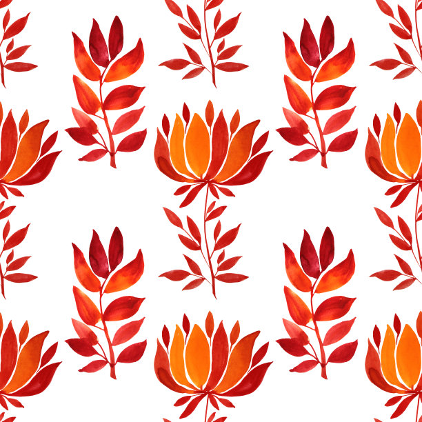 无缝图案水彩手绘橙色和红色的菊花或百合和秋叶在白色的背景。艺术创作的自然对象贴纸，卡片，墙纸，纺织品，包装。图片下载