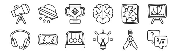 一套12瘦轮廓图标，如数学，想法，眼睛保护，漫画书，杯子，UFO为网络，移动图片下载