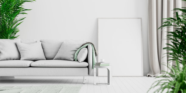 白色混凝土墙，白色现代家具，简约的室内设计，3d渲染图片下载