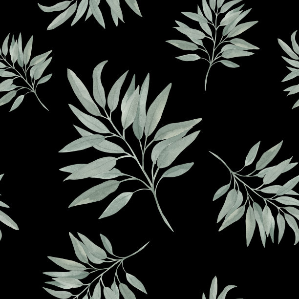 无缝模式水彩画的绿色桉树树枝与树叶在黑色的背景上的波西米亚风格的手绘模式图片下载